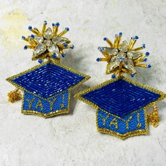 Royal Blue & Gold Graduation Graduate Earrings - Picture 2 of 6